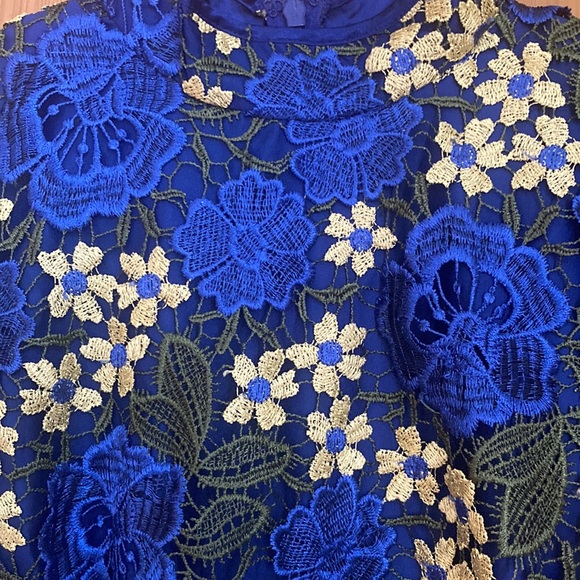 ASOS Design Bright Floral Crochet Lace Dress | Blue + Green + Gold - Picture 5 of 5